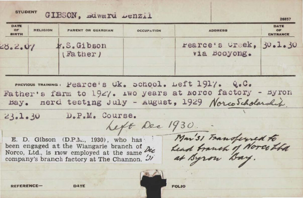 GIBSON, Edward Denzil (D.P.M. Course &amp; Hawkesbury Diploma in Dairy (HDD))