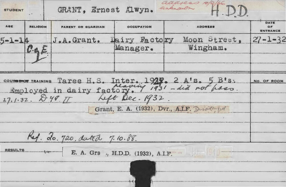 GRANT, Ernest Alwyn (Hawkesbury Diploma in Dairy (HDD))