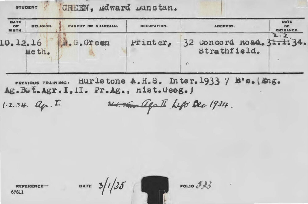 GREEN, Edward Dunstan (Hawkesbury Diploma of Agriculture (HDA))