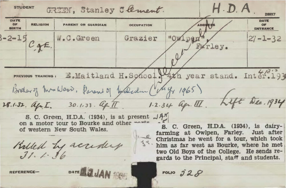 GREEN, Stanley Clement (Hawkesbury Diploma of Agriculture (HDA))