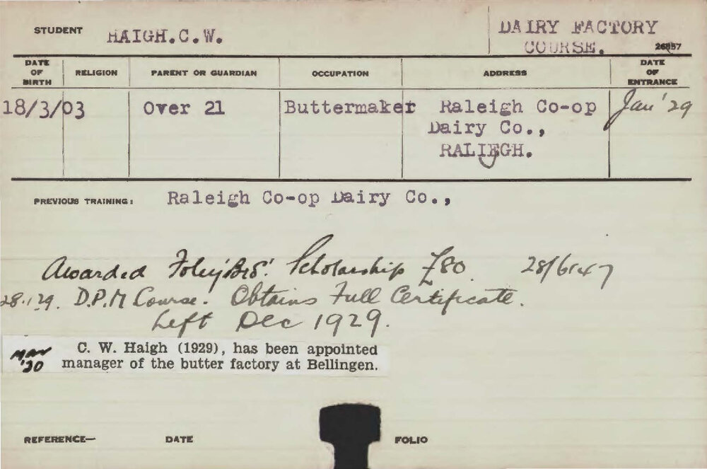 HAIGH, CW (Dairy Factory Course)