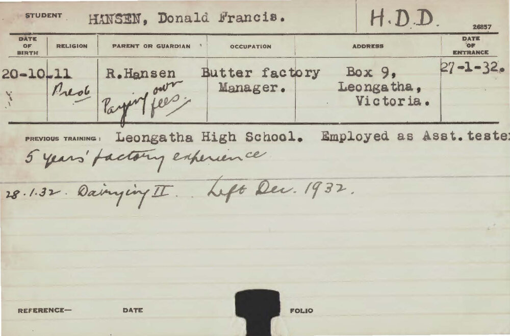 HANSEN, Donald Francis (Hawkesbury Diploma in Dairy (HDD))