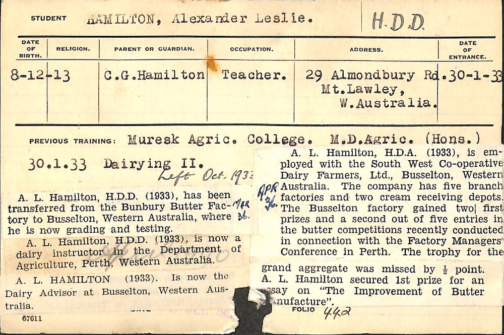 HAMILTON, Alexander Leslie (Hawkesbury Diploma in Dairy (HDD))