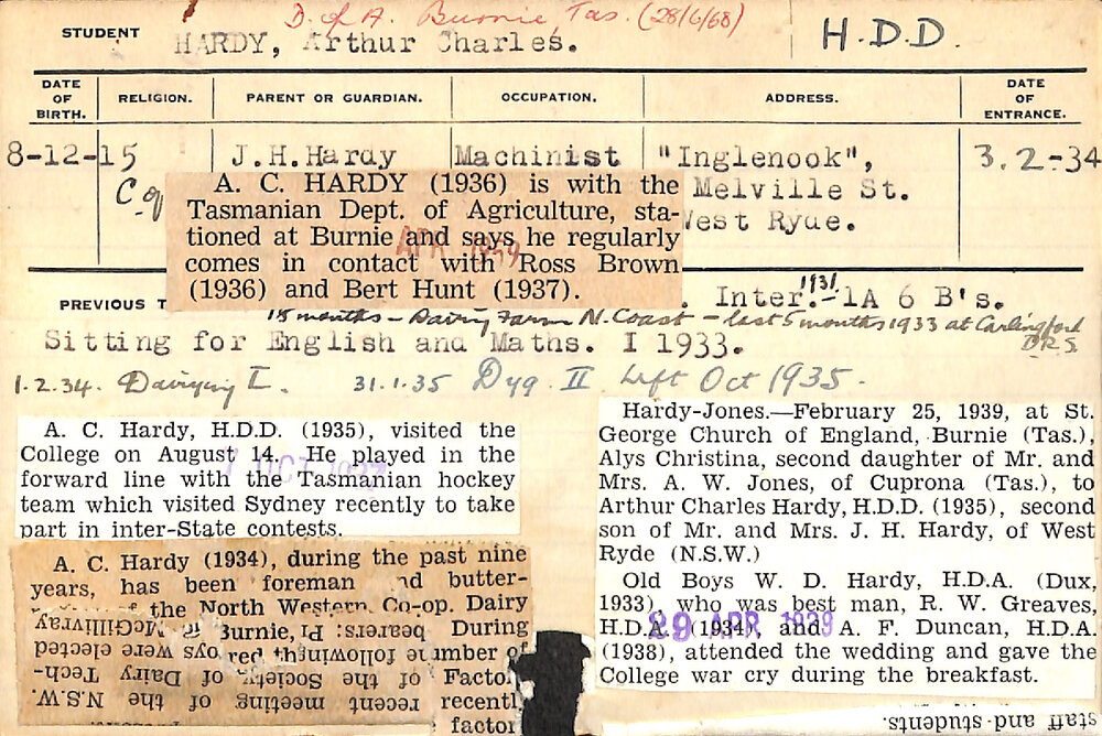 HARDY, Arthur Charles (Hawkesbury Diploma in Dairy (HDD))