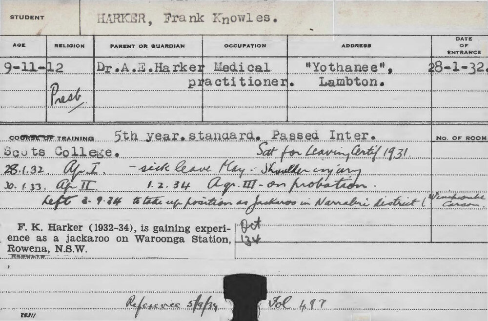 HARKER, Frank Knowles (Hawkesbury Diploma of Agriculture (HDA))
