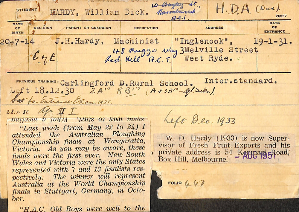 HARDY, William Dick (Hawkesbury Diploma of Agriculture (HDA))