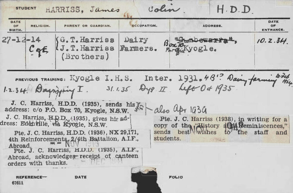 HARRISS, James Colin (Hawkesbury Diploma in Dairy (HDD))