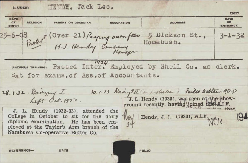 HENDY, Jack Leo (Hawkesbury Diploma of Agriculture (HDA))