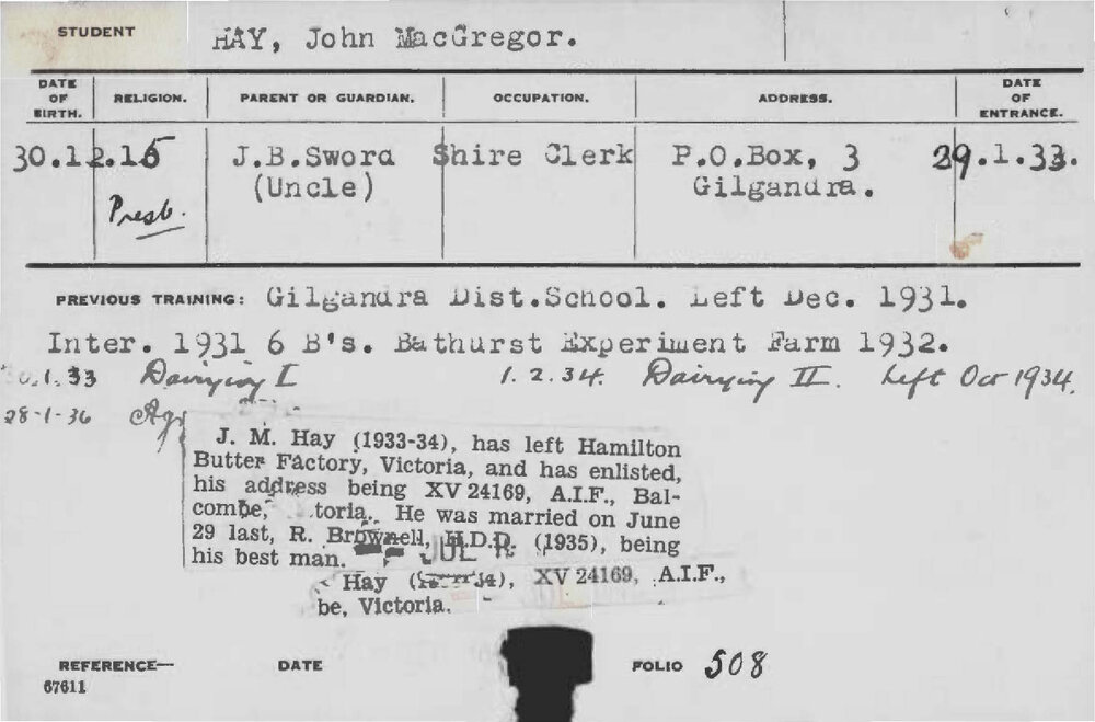 HAY, John MacGregor (Hawkesbury Diploma in Dairy (HDD))