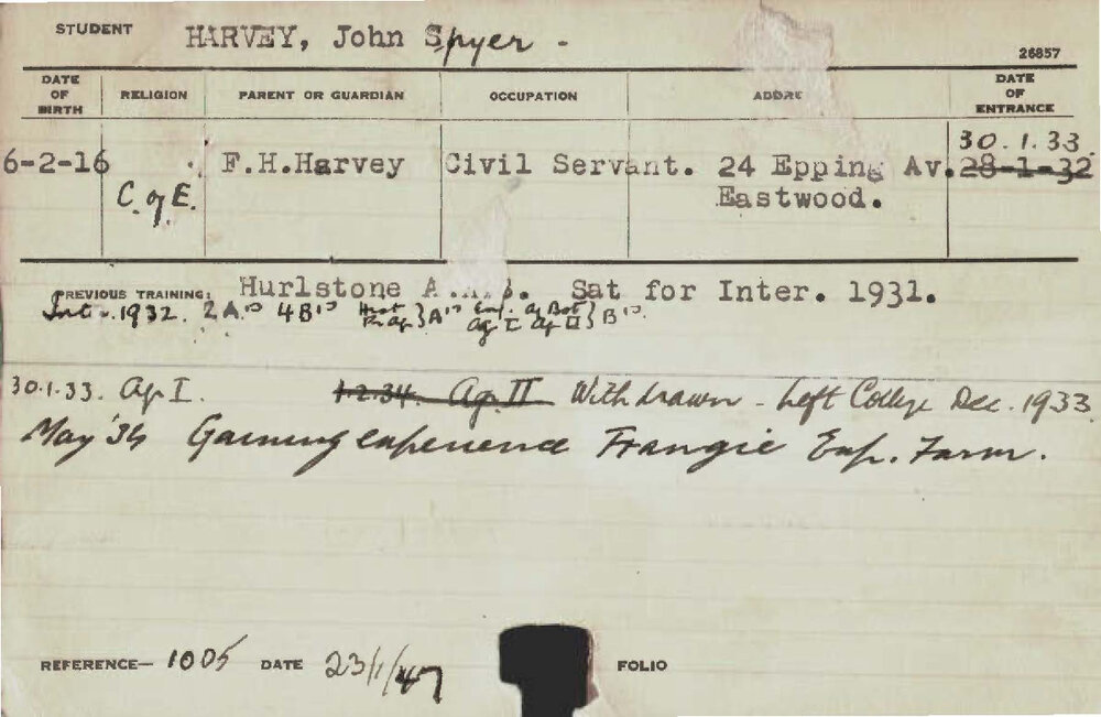HARVEY, John Spyer (Hawkesbury Diploma of Agriculture (HDA))