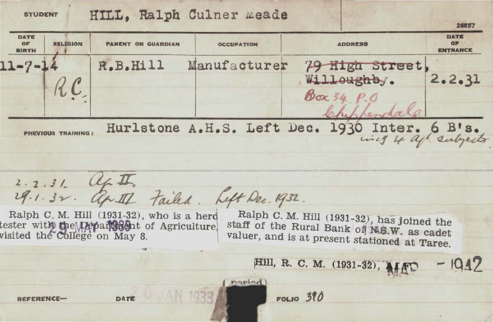 HILL, Ralph Culner Meade (Hawkesbury Diploma of Agriculture (HDA))