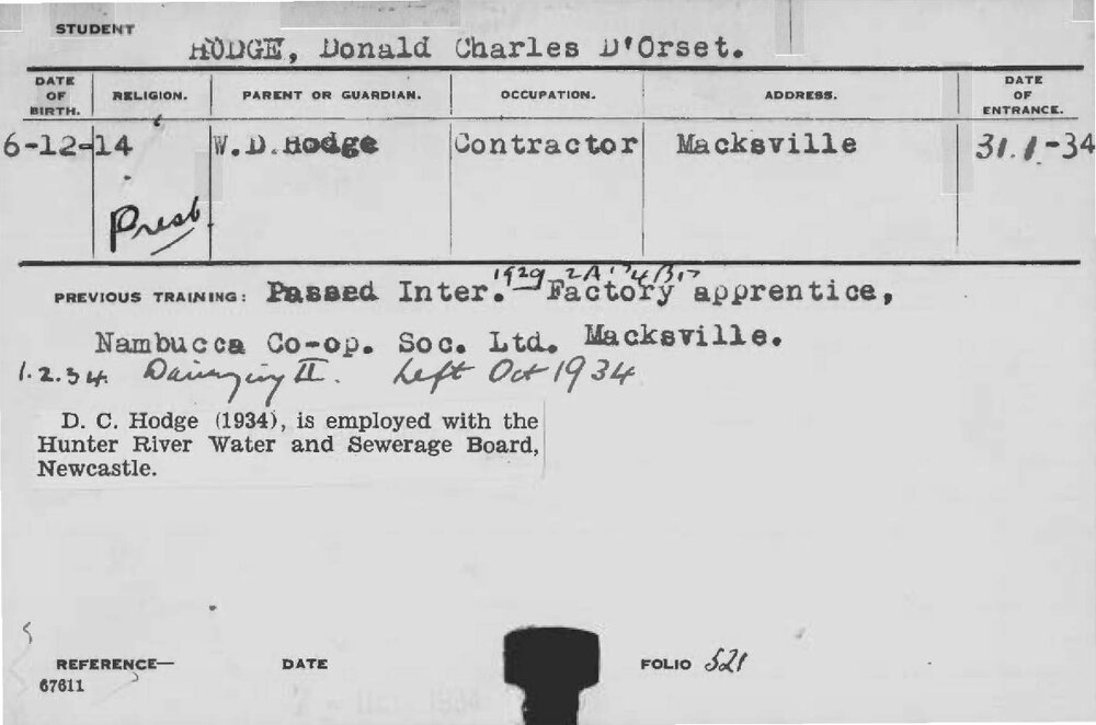HODGE, Donald Charles D'Orset (Hawkesbury Diploma in Dairy (HDD))