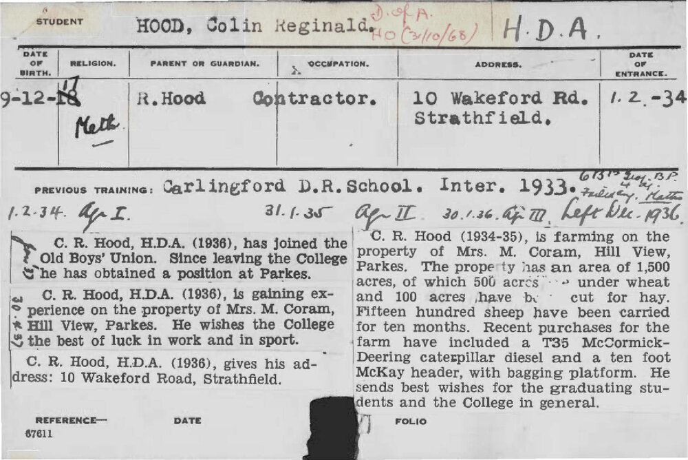 HOOD, Colin Reginald (Hawkesbury Diploma of Agriculture (HDA))