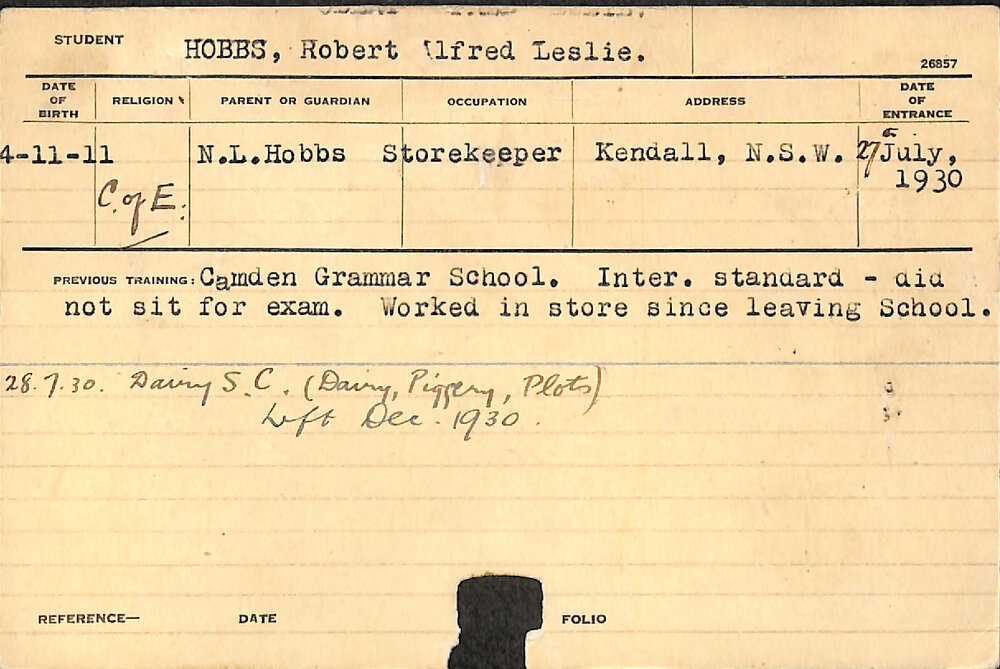 HOBBS, Robert Alfred (Special Course - Dairy, Piggery &amp; Experimental plots)