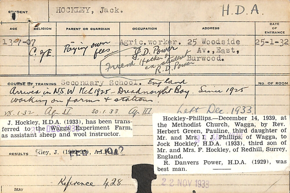 HOCKLEY, Jack (Hawkesbury Diploma of Agriculture (HDA))
