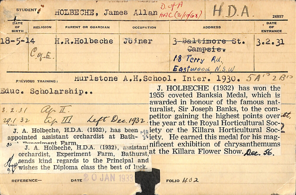 HOLBECHE, James Allan (Hawkesbury Diploma of Agriculture (HDA))