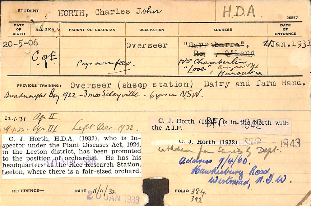 HORTH, Charles John (Hawkesbury Diploma of Agriculture (HDA))