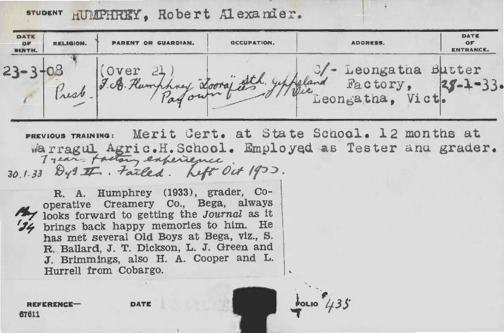 HUMPHREY, Robert Alexander (Hawkesbury Diploma of Agriculture (HDA))