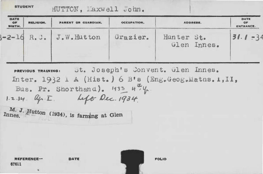 HUTTON, Maxwell John (Hawkesbury Diploma of Agriculture (HDA))
