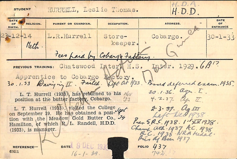 HURRELL, Leslie Thomas (Hawkesbury Diploma in Dairy (HDD)/ Hawkesbury Diploma of Agriculture (HDA))