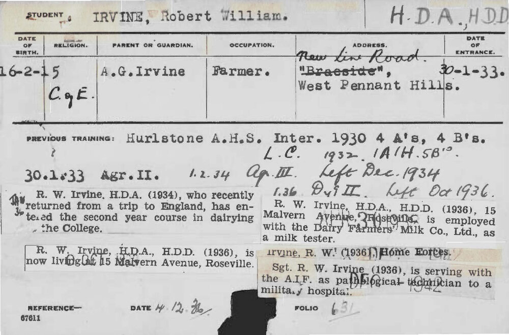 IRVINE, Robert William (Hawkesbury Diploma of Agriculture (HDA)/ Hawkesbury Diploma in Dairy (HDD))