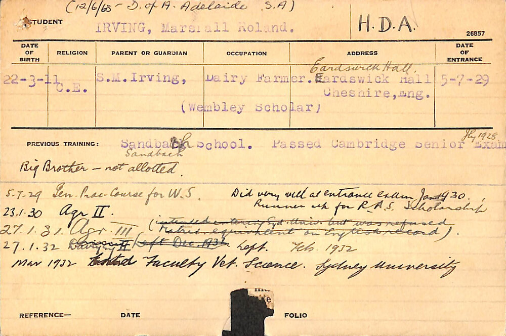 IRVING, Marshall Roland (Hawkesbury Diploma of Agriculture (HDA))
