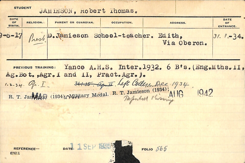 JAMIESON, Robert Thomas (Hawkesbury Diploma of Agriculture (HDA))