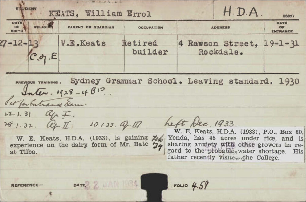 KEATS, William Errol (Hawkesbury Diploma of Agriculture (HDA))