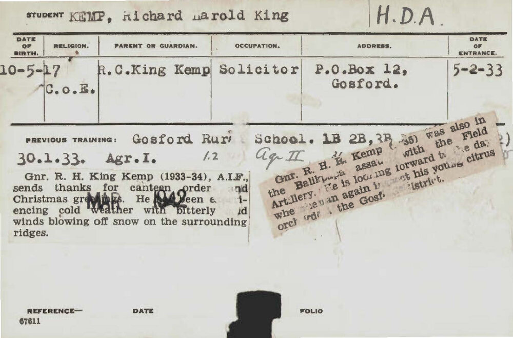 KEMP, Richard Harold King (Hawkesbury Diploma of Agriculture (HDA))