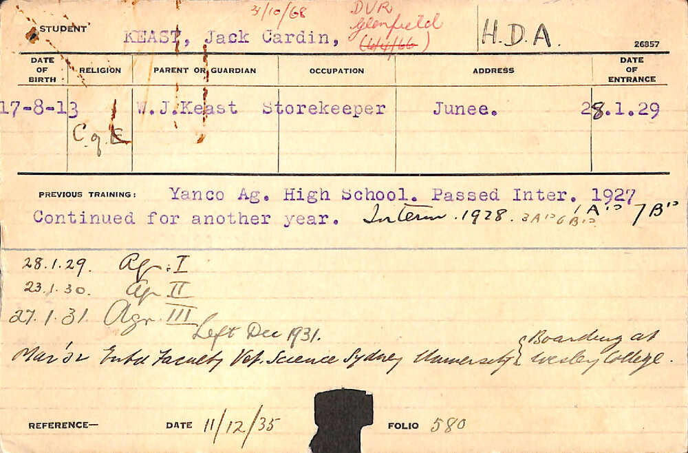 KEAST, Jack Cardin (Hawkesbury Diploma of Agriculture (HDA))