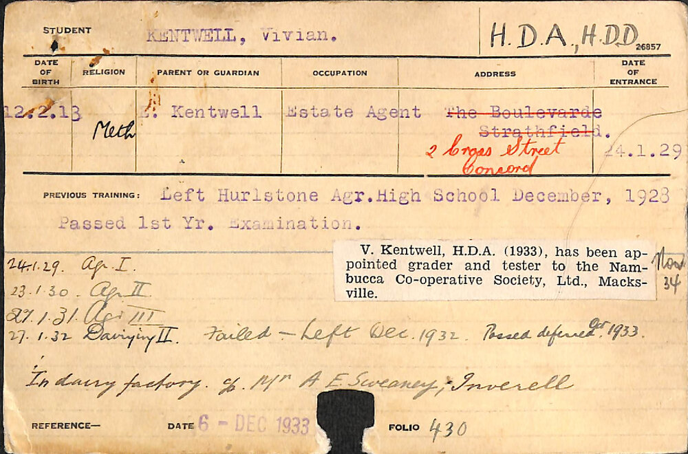 KENTWELL, Vivian (Hawkesbury Diploma in Dairy (HDD)/ Hawkesbury Diploma of Agriculture (HDA))