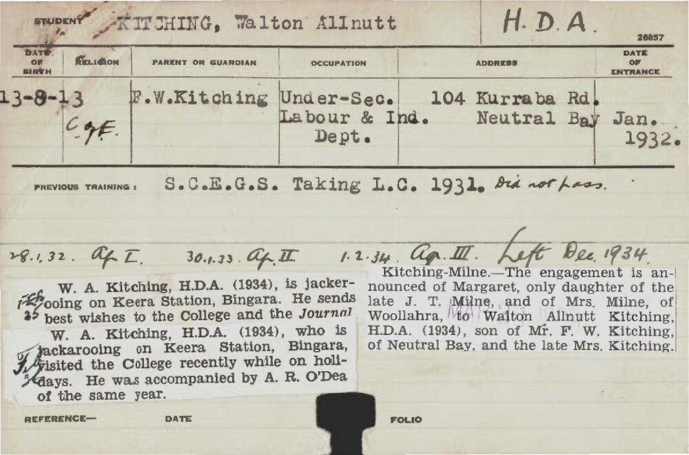 KITCHING, Walton Allnutt (Hawkesbury Diploma of Agriculture (HDA))
