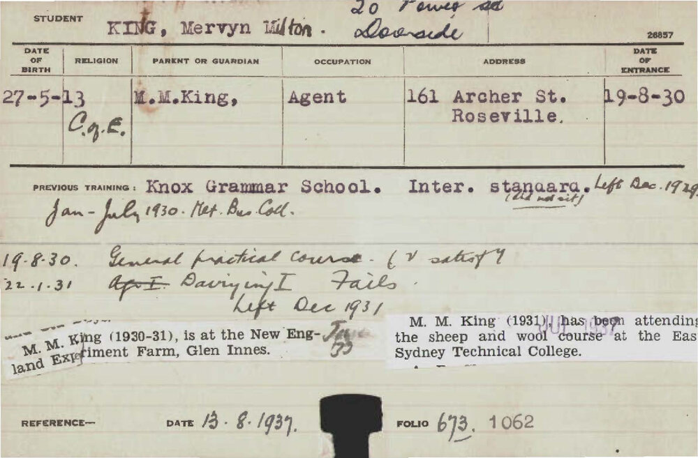 KING, Mervyn Milton (General Practical Course/ Dairying Course)