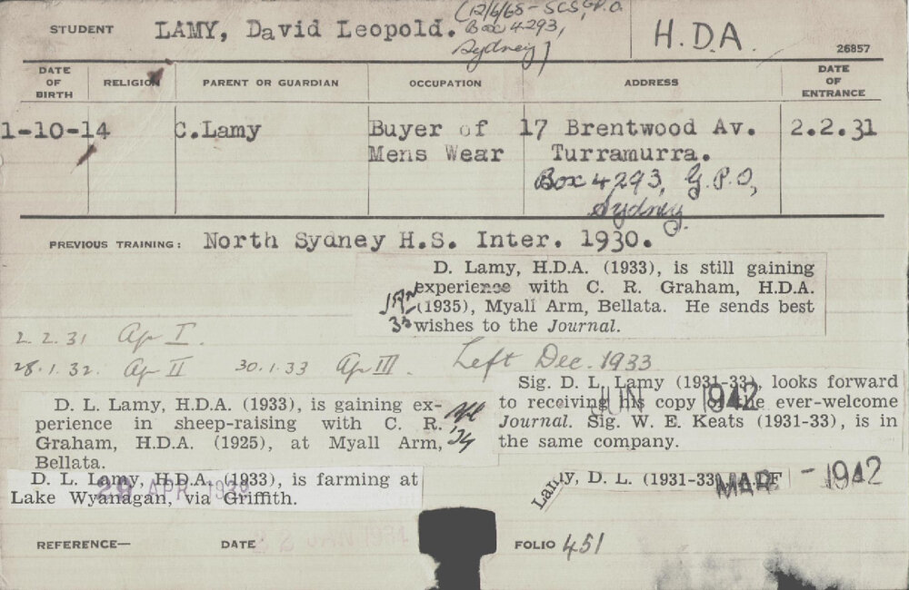 LAMY, David Leopold (Hawkesbury Diploma of Agriculture (HDA))