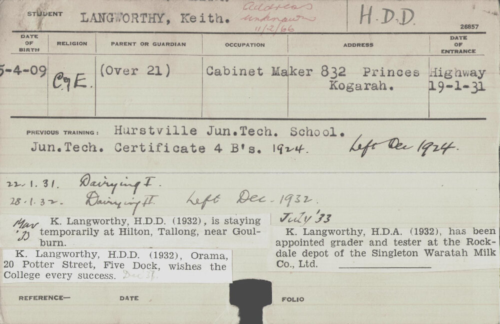 LANGWORTHY, Keith (Hawkesbury Diploma in Dairy (HDD))