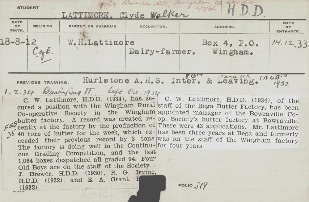 LATTIMORE, Clyde Walker (Hawkesbury Diploma in Dairy (HDD))