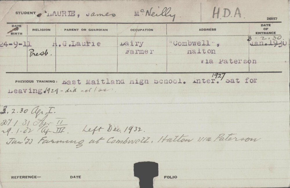 LAURIE, James McNeilly (Hawkesbury Diploma of Agriculture (HDA))