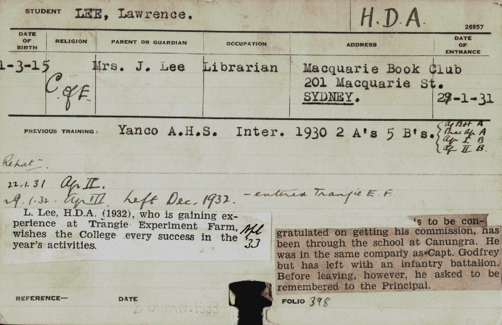 LEE, Lawrence (Hawkesbury Diploma of Agriculture (HDA))