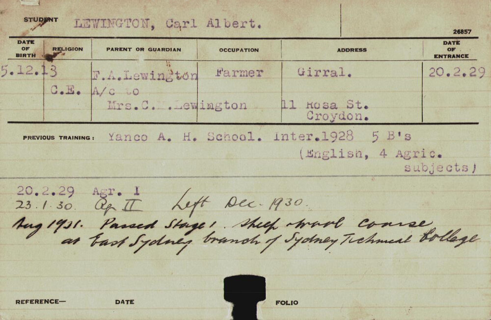 LEWINGTON, Carl Albert (Hawkesbury Diploma of Agriculture (HDA))