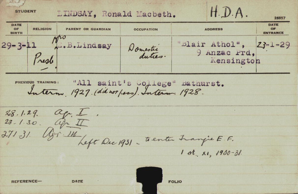 LINDSAY, Ronald Macbeth (Hawkesbury Diploma of Agriculture (HDA))