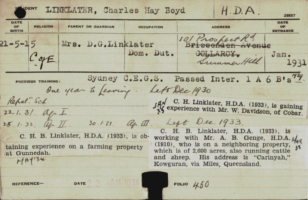 LINKLATER, Charles Hay Boyd (Hawkesbury Diploma of Agriculture (HDA))