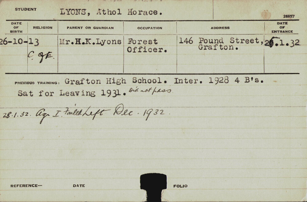 LYONS, Athol Horace (Hawkesbury Diploma of Agriculture (HDA))