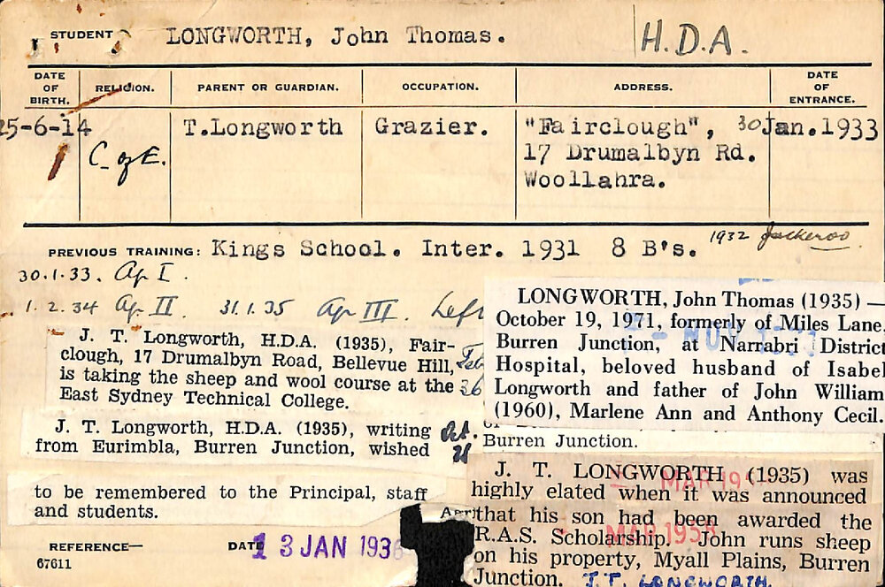 LONGWORTH, John Thomas (Hawkesbury Diploma of Agriculture (HDA))