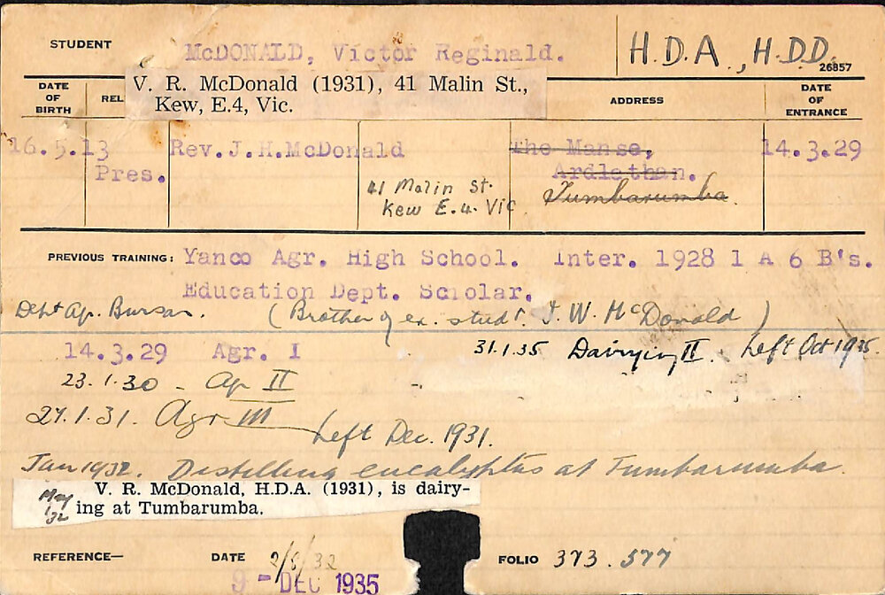 MCDONALD, Victor Reginald (Hawkesbury Diploma of Agriculture (HDA)/ Hawkesbury Diploma in Dairy (HDD))