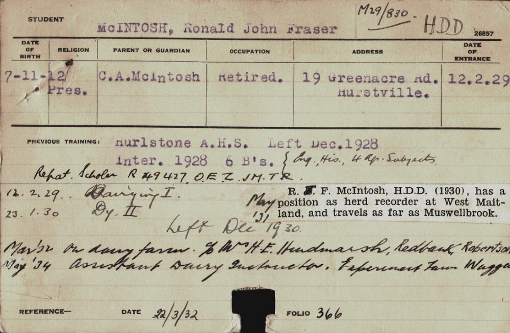 MCINTOSH, Ronald John Fraser (Hawkesbury Diploma in Dairy (HDD))