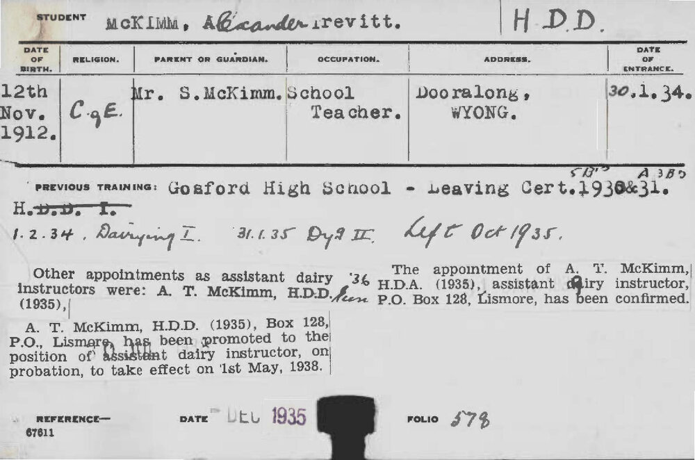 MCKIMM, Alexander Trevitt (Hawkesbury Diploma in Dairy (HDD))