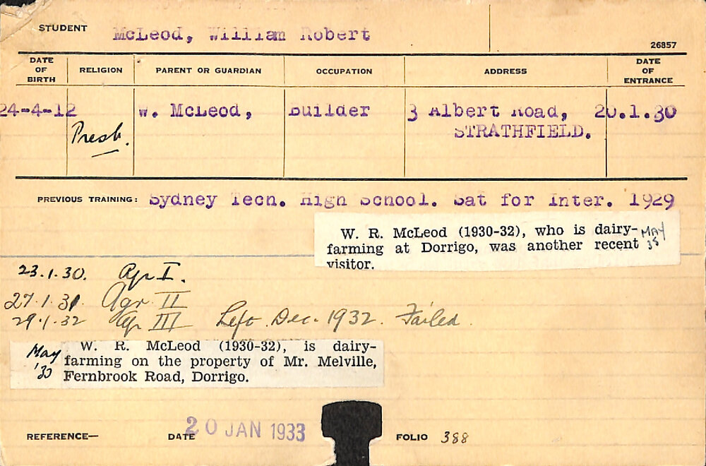 MCLEOD, William Robert (Hawkesbury Diploma of Agriculture (HDA))