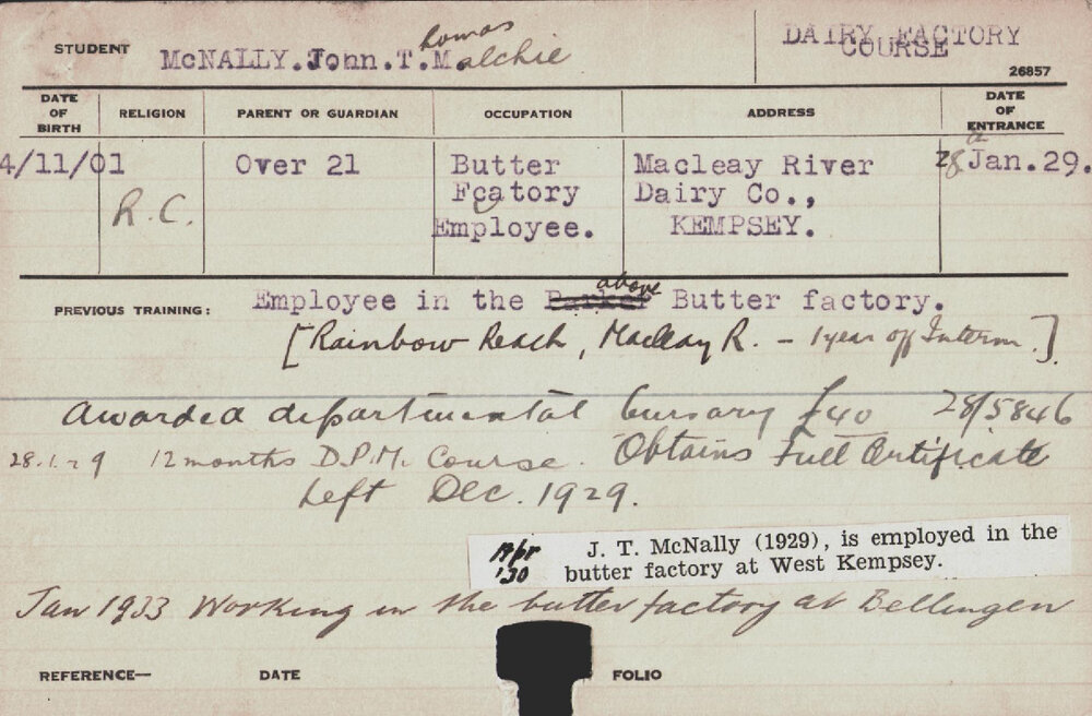 MCNALLY, John Thomas Malchie (Dairy Factory Course)
