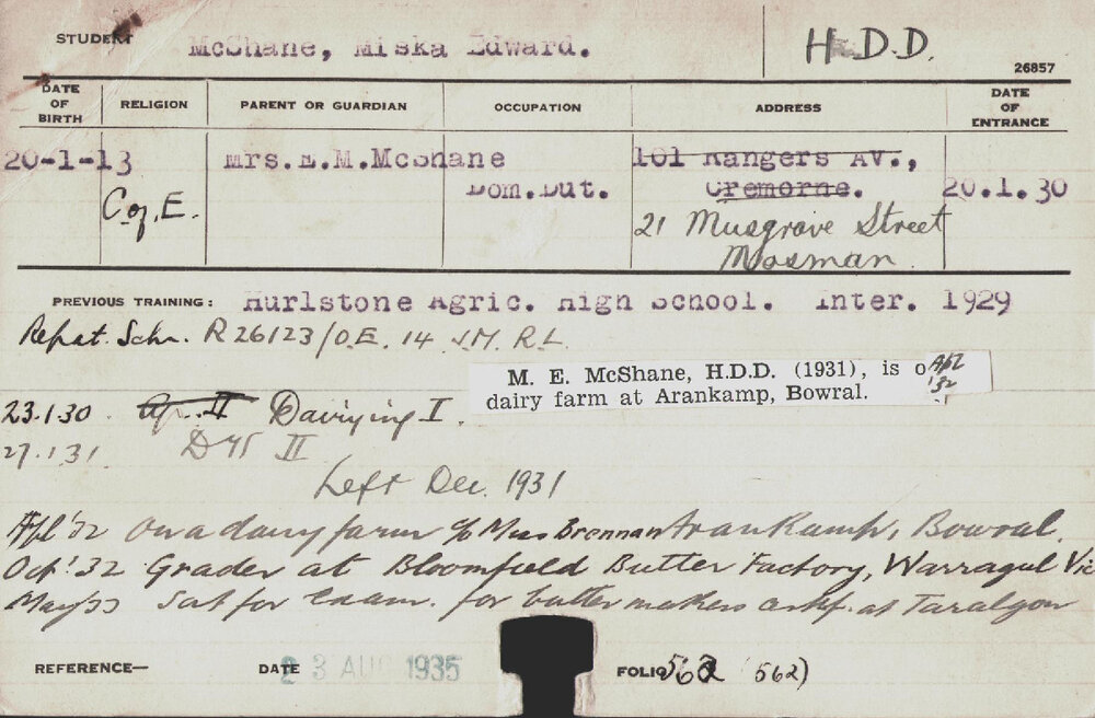 MCSHANE, Miska Edward (Hawkesbury Diploma in Dairy (HDD))