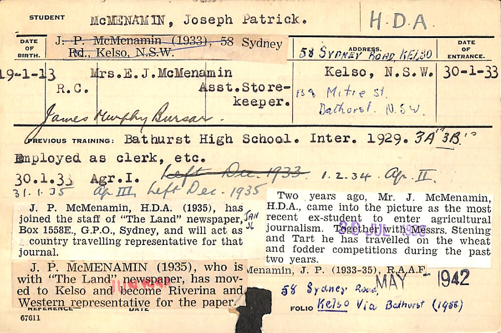 MCMENAMIN, Joseph Patrick (Hawkesbury Diploma of Agriculture (HDA))